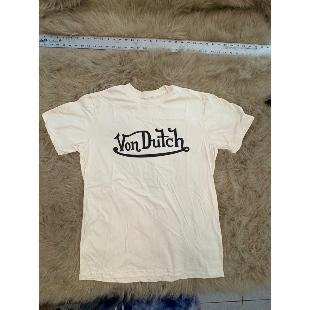 Von Dutch Graphic T-Shirt Cream Off White Black Logo Men's Size Medium M Y2K Tee